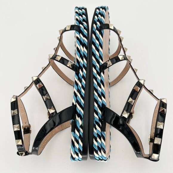 VALENTINO GARAVANI Rockstud Caged Leather Sandals EU 38 US 8 Blue Black Flats - Picture 4 of 11